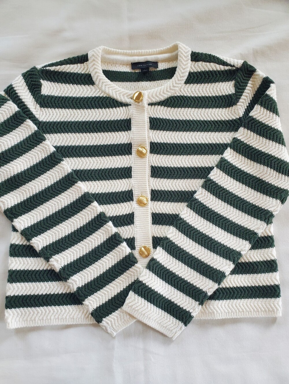 Ann Taylor Striped Green & White Button-Front Sweater Cardigan-size Large